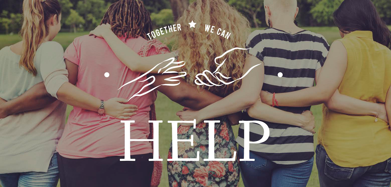 An image of 4 people with arms around each other with an overlayed logo saying "Together we can help".